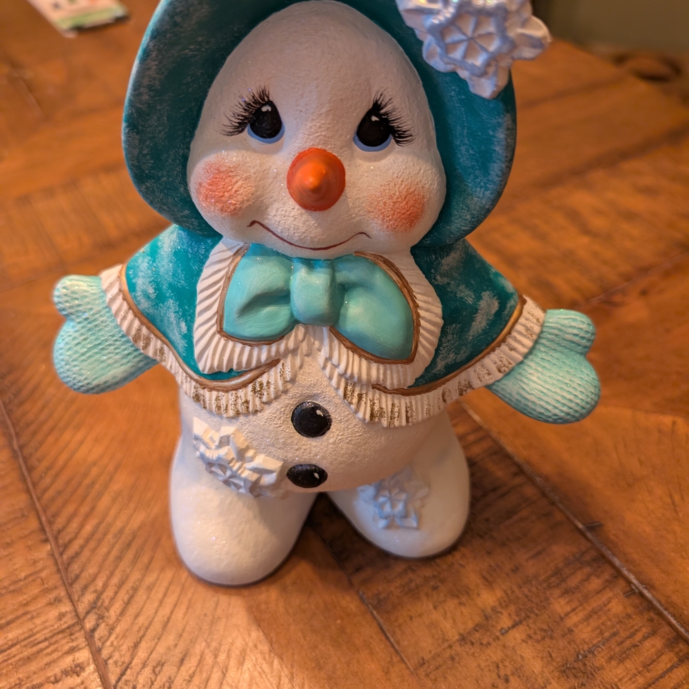 Vintage Snowman Figurine with Teal Accents